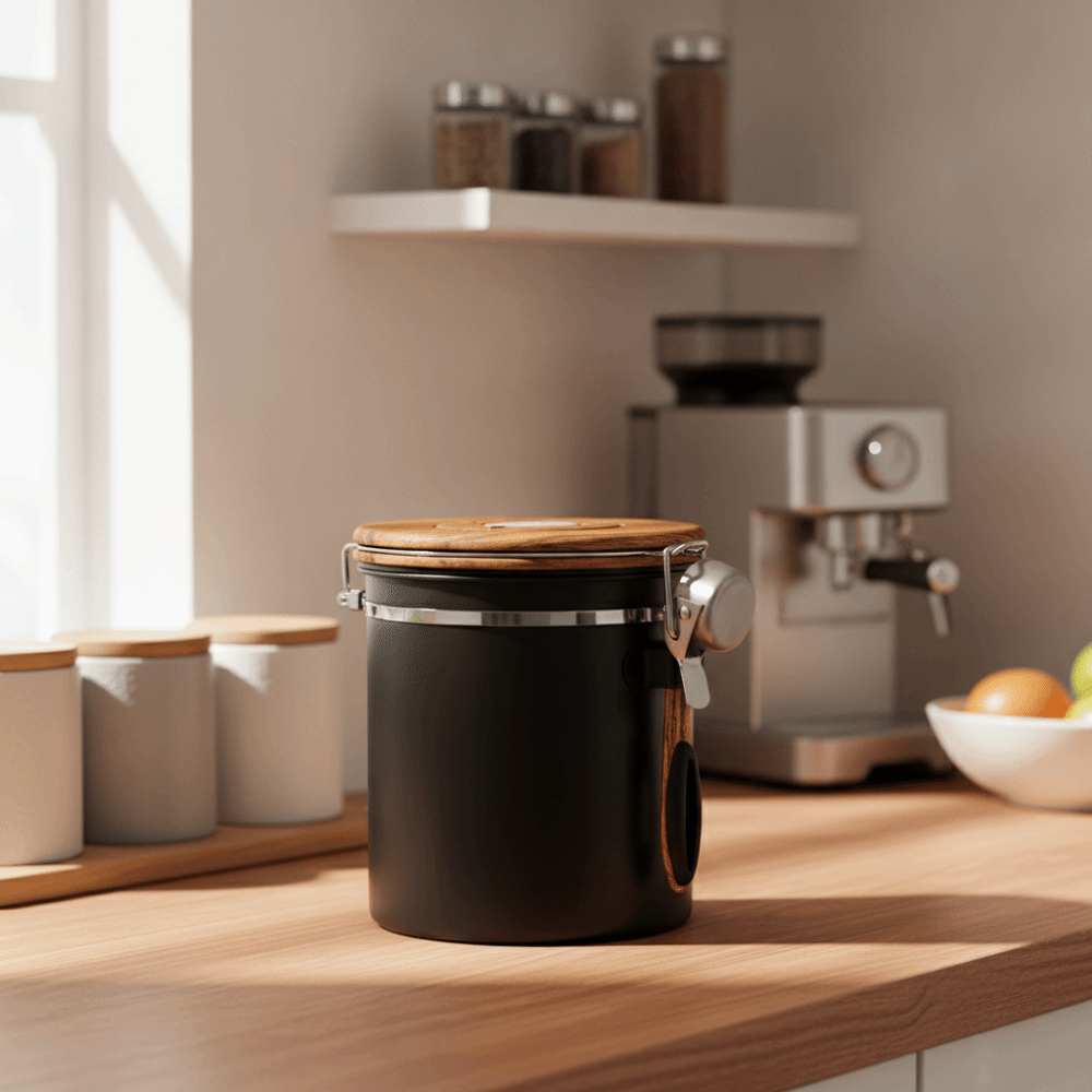 Coffee Tea Leaf And Bean - 304ステンレス製コーヒー豆保存容器 密閉型 スプーン付き 茶葉キャニスター 木目調蓋 防湿