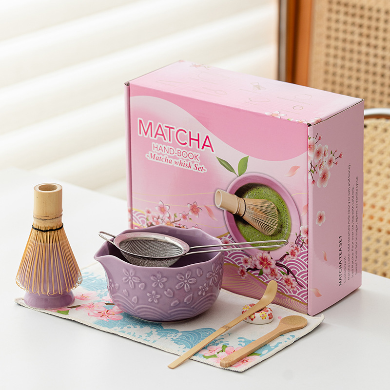 Matcha Whisk Set - 8点入り高級抹茶キット 日本式茶道具 浮き彫り模様の茶碗 注ぎ口付き泡立て器 完全抹茶セット