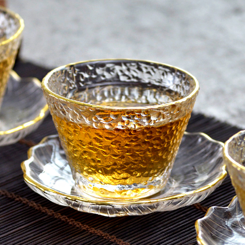 Coffee Tea Green - 金縁の金ガラス製ティーカップ、アラビアコーヒーカップ、和風、カンフー、グリーンプーアル茶碗、中国茶碗茶器セット