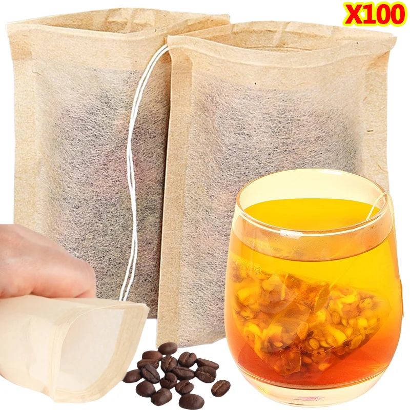 Coffee Tea Leaf And Bean - 100 個ティーバッグ巾着フィルター付き空のティーバッグコーヒー豆葉茶粉末漢方薬生分解性紙袋