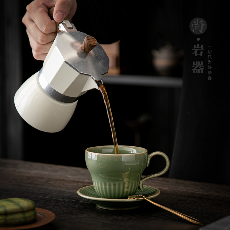 Coffee Tea Green - HYS レトロ セラドン グリーン 縦型コーヒーカップ＆ソーサーセット セラミック製