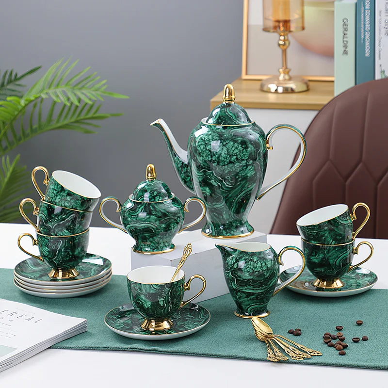 Coffee Tea Green - 骨灰磁器ティーポット,金と緑の象眼細工,コーヒーカップ,セラミックボウル,コーヒーティー,水入れ