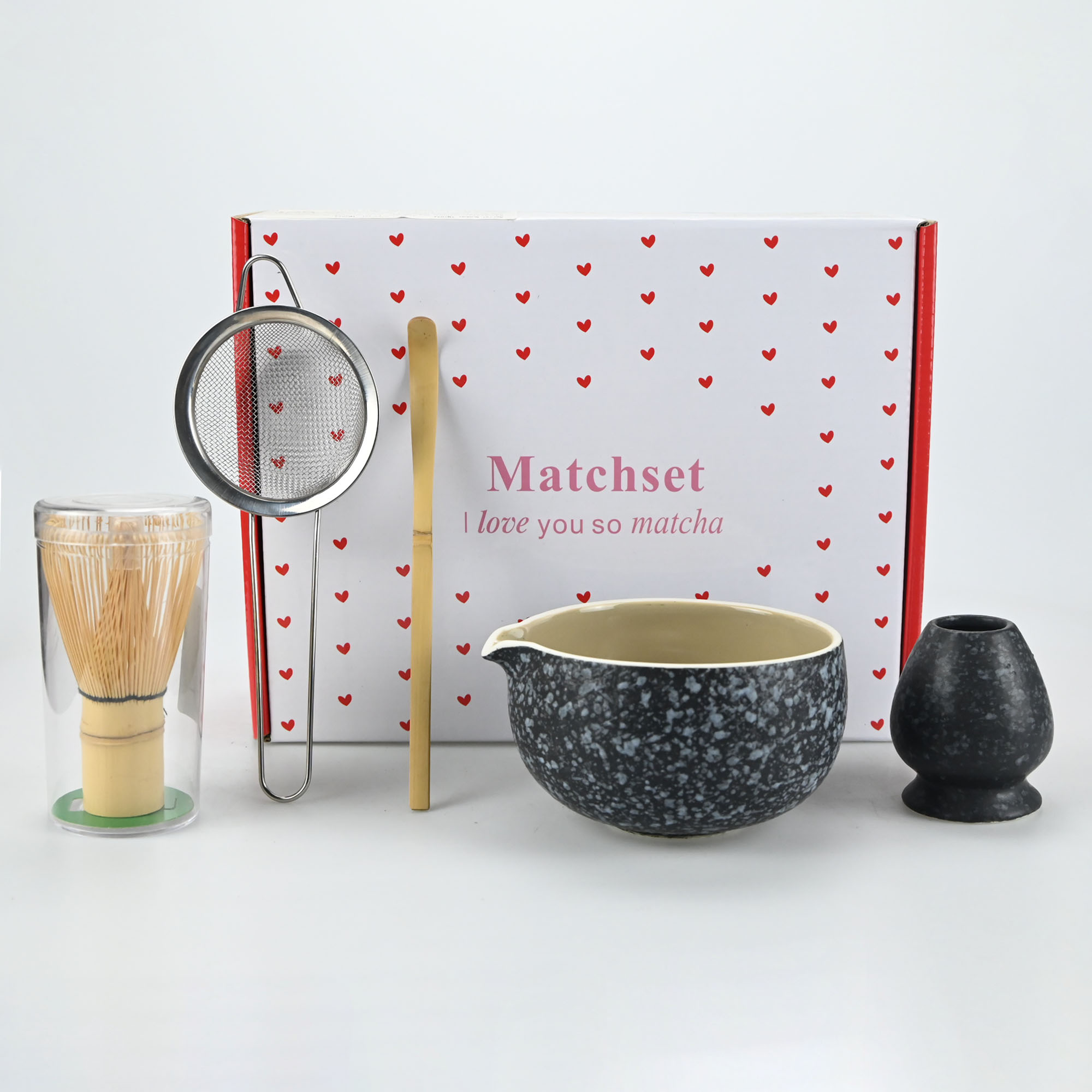 Matcha Whisk Set - 2/4/5点セット抹茶道具 - 抹茶茶碗、竹製抹茶泡立て器、茶こし、茶杓、スプーン、ふるい、泡立て器ホルダー、抹茶作り