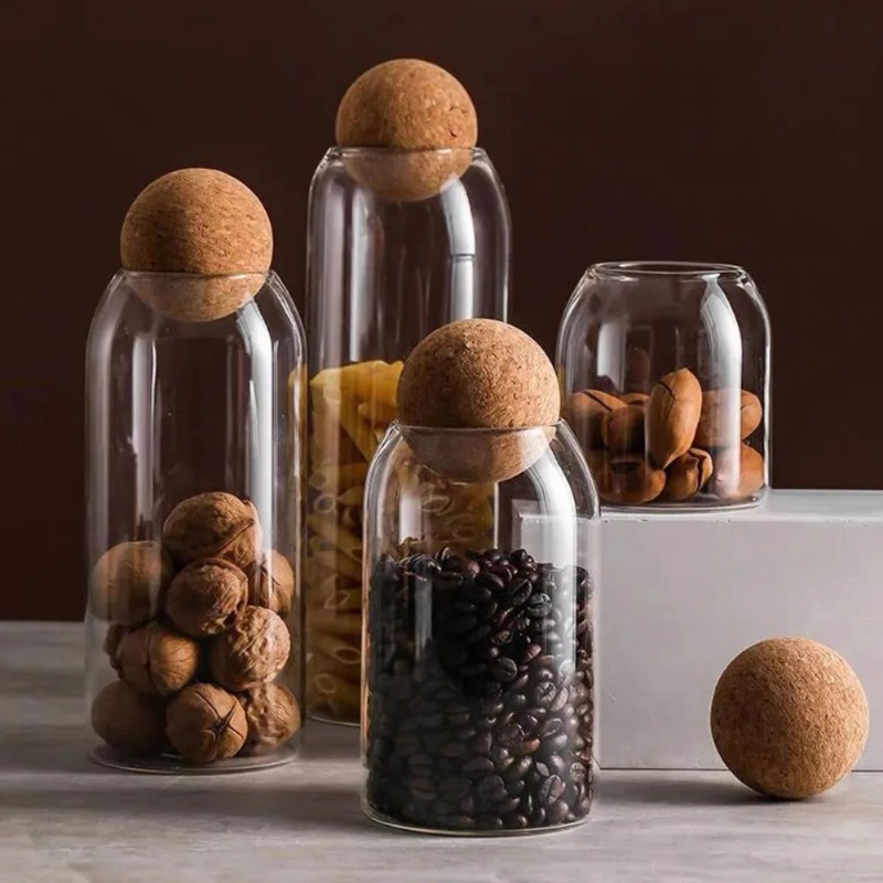 Coffee Tea Sugar Container Set - ガラス保存瓶 ボールコルク栓付き 茶葉・スパイス・ナッツ用 装飾キッチンキャビネットオーガナイザー 透明容器セット