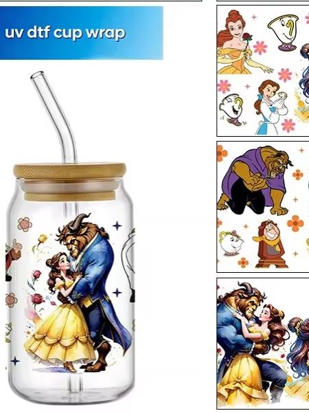 Coffee And Tea Glass - 漫画で人気のプリンセスUV DTFカップラップ（16オンスのリビーグラス缶カップコーヒー用）卸売3D転写ステッカー家の装飾