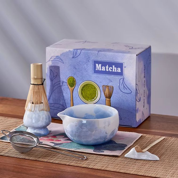Matcha Whisk Set - 7点セット 新品 日本風抹茶泡立て器セット セラミック窯製氷模様抹茶茶碗 茶道道具一式