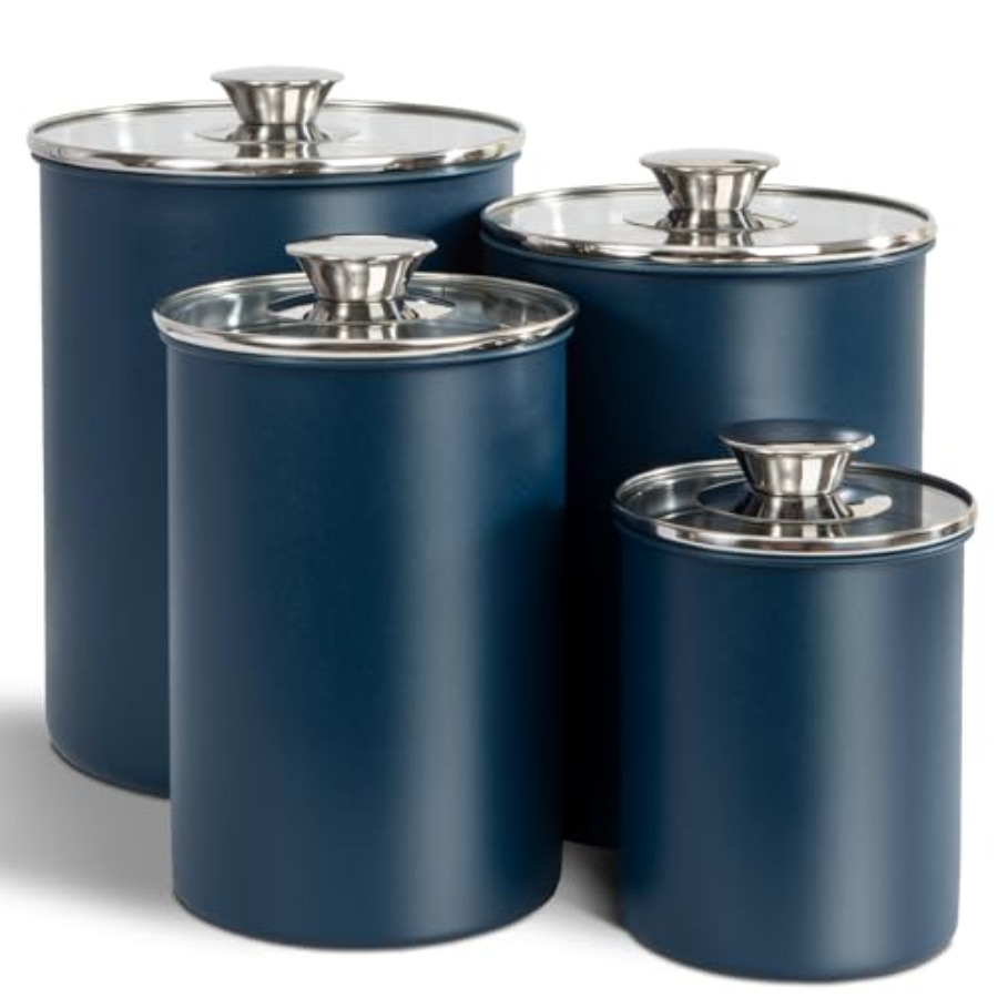 Coffee Tea And Sugar Canister Set - ステンレス製食品保存容器4個セット、16/49/85/132オンス、ガラス蓋付き気密容器、お茶、コーヒー、砂糖、小麦粉用