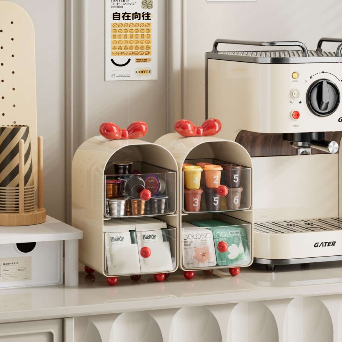 Coffee Tea Mix - クリーミーカラーコーヒーカプセルオーガナイザー、2段引き出し式収納ボックス（ティーバッグ、Kカップ、デスクアクセサリー用）
