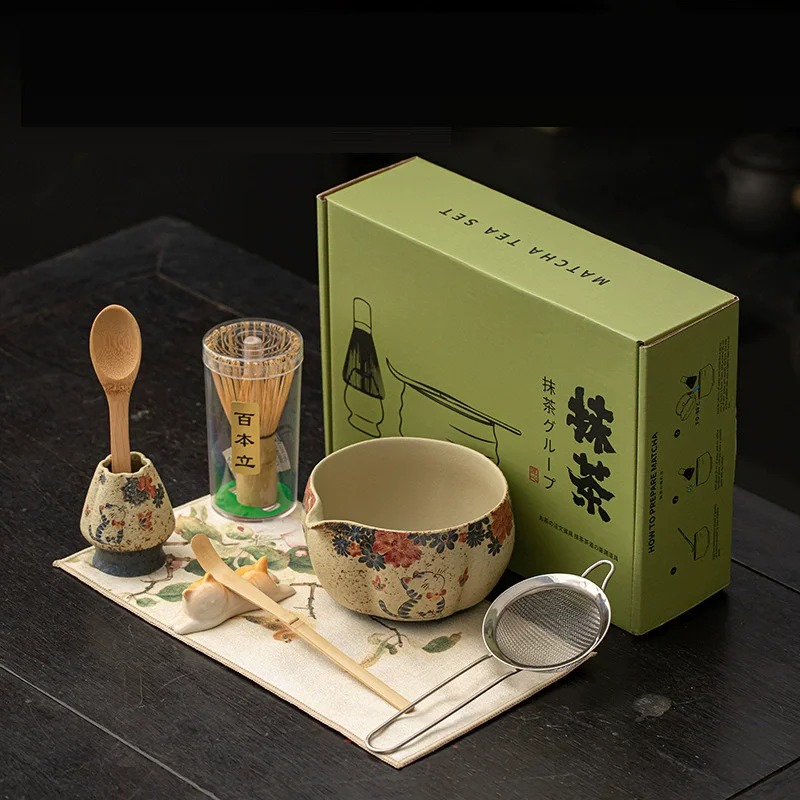 Matcha Whisk Set - 8点セット 日本製 火打石抹茶セット 竹製抹茶茶筅 高級抹茶茶碗 箱入り