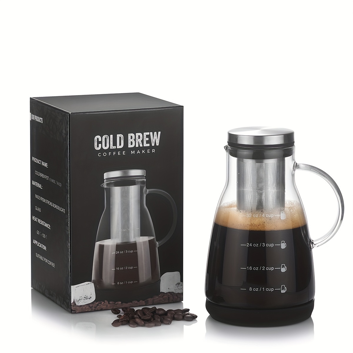 Coffee And Tea Glass - 24オンス クラシックガラス製コールドブリューコーヒーピッチャー、手動式アイスコーヒーメーカー、電気不要のジュースやお茶用ガラスジャグ