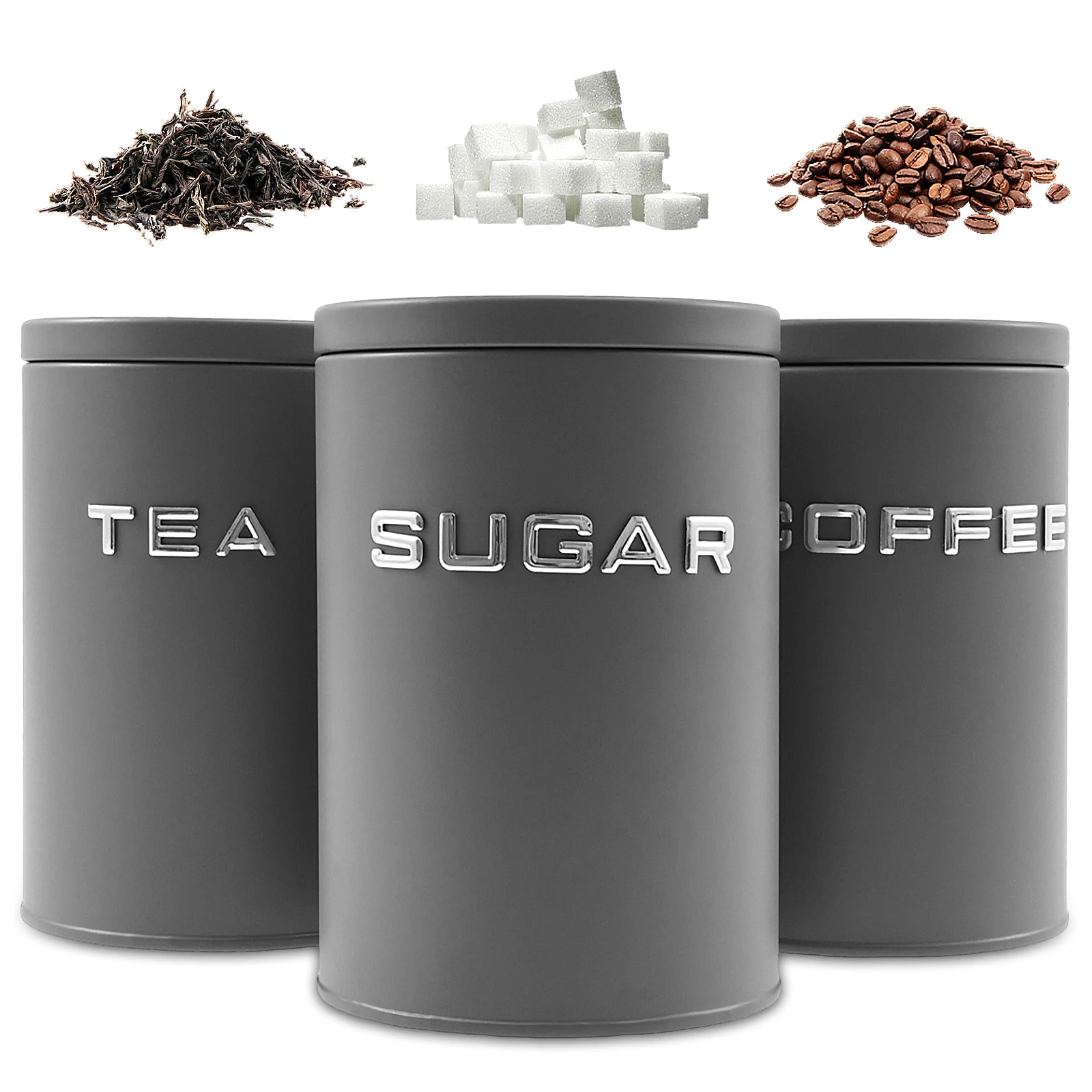 Coffee Tea Sugar Container Set - 3個セット 茶葉・コーヒー・砂糖用キャニスター 金属製丸型キッチン容器 密閉蓋付き 防湿 コーヒー豆保存容器