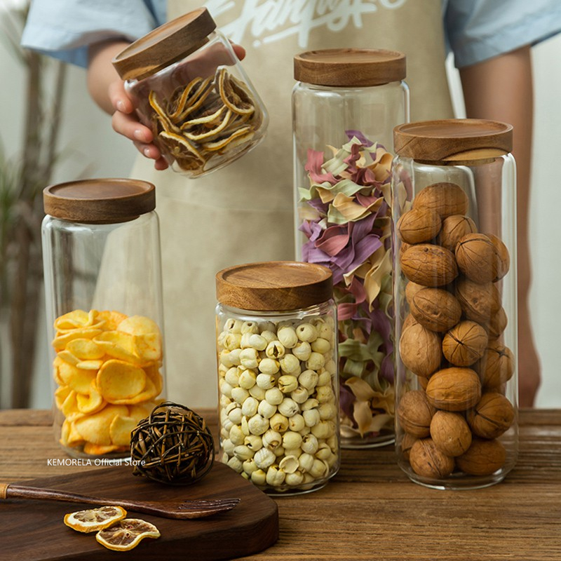 木製蓋ガラス気密キャニスターキッチン収納ボトル瓶食品容器穀物 - Coffee Tea Sugar Container Set のレビューと価格
