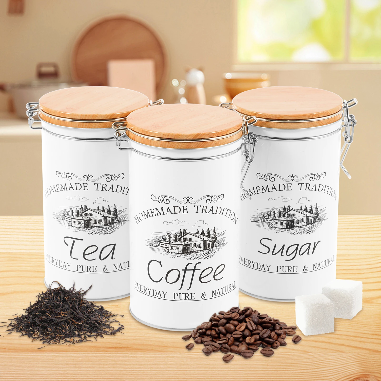 3個セット 茶葉・コーヒー・砂糖用キャニスター 金属製コーヒ - Coffee Tea And Sugar Canister Set のレビューと価格