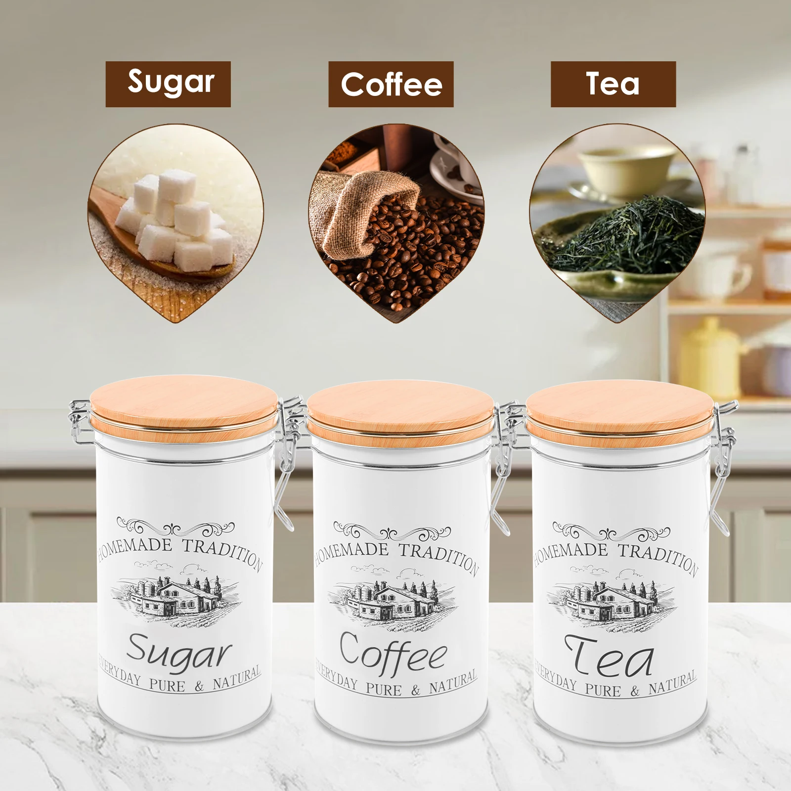 3 ピース/セット茶コーヒー砂糖キャニスター金属コーヒー豆保 - Coffee Tea And Sugar Canister Set のレビューと価格