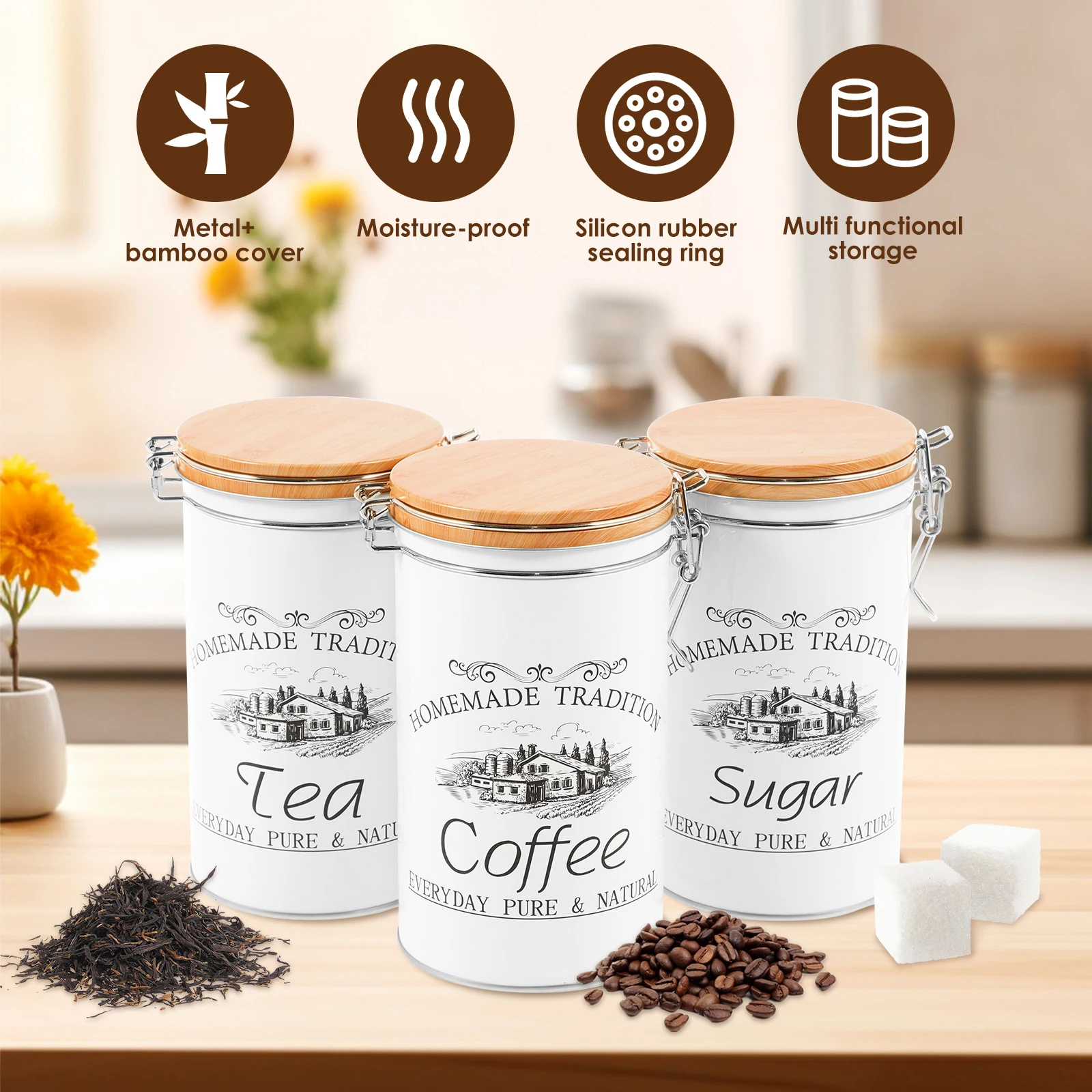 3 ピース/セット茶コーヒー砂糖キャニスター金属コーヒー豆保 - Coffee Tea And Sugar Canister Set のレビューと価格