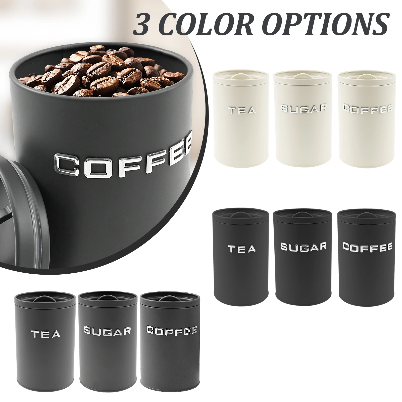3個セット 茶葉・コーヒー・砂糖用キャニスター 金属製丸型キ - Coffee Tea Sugar Container Set のレビューと価格